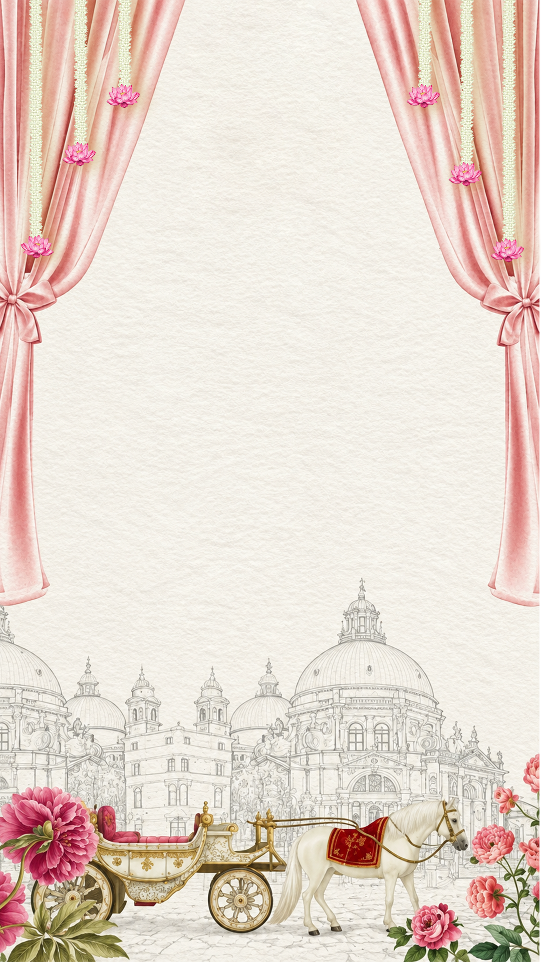 Regal palace architecture, pink curtains, and horse carriage